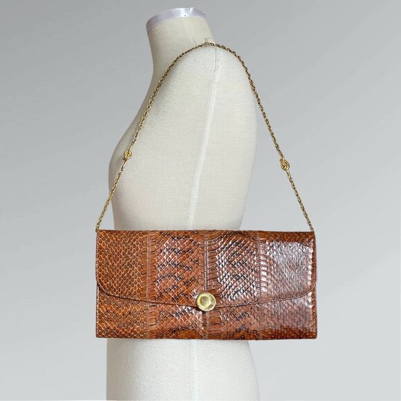 Vintage 70s G.Castellari Brown Snakeskin & Gold Tone Italian Shoulder Bag Clutch - Picture 1 of 8